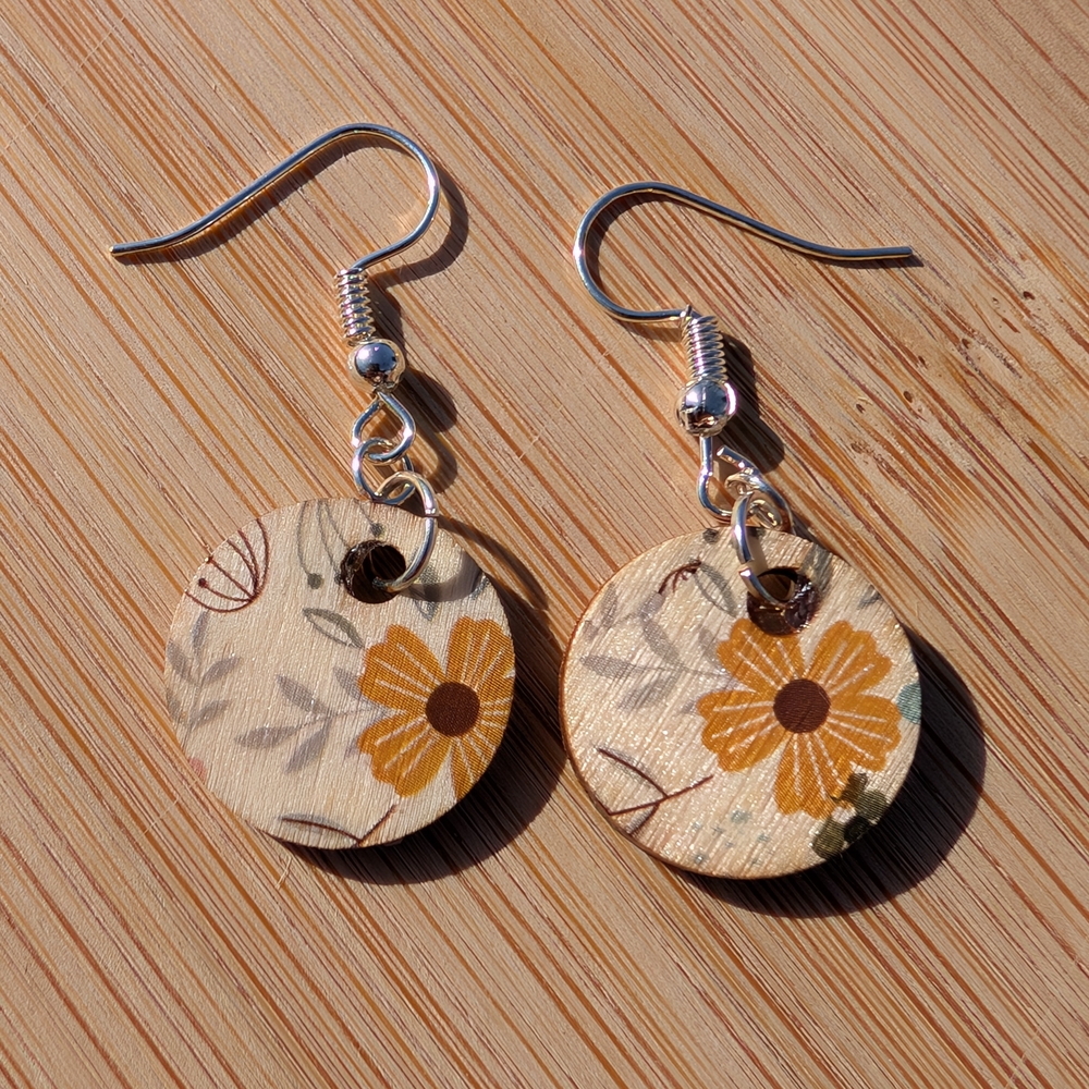 Yellow and Brown Floral Earrings with Circular Design